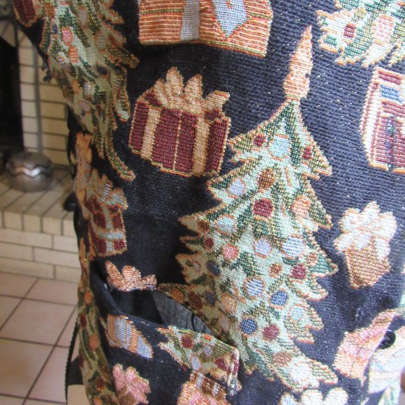 Vtg MLNY Christmas Vest Womens Lg Christmas Tree Button Up Black Retro Unique - Picture 3 of 7